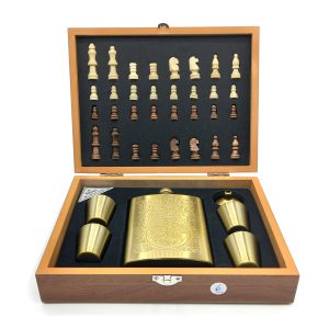 ست قمقمه جیبی استیل درخت زندگی و جعبه چوبی شطرنج کد 526