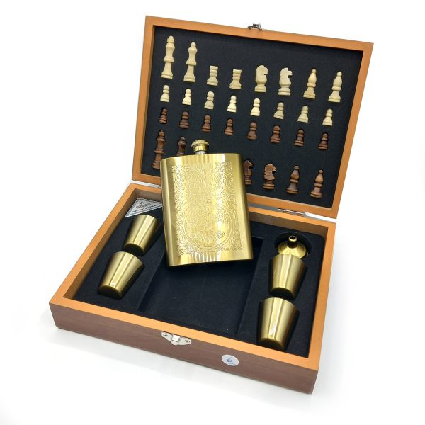 ست قمقمه جیبی استیل درخت زندگی و جعبه چوبی شطرنج کد 526