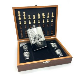ست قمقمه جیبی استیل درخت زندگی و جعبه چوبی شطرنج کد 530