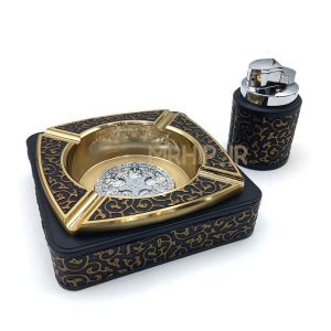 ست فندک اتمی و زیرسیگاری مدل اسلیمی مشکی طلایی کد 220036